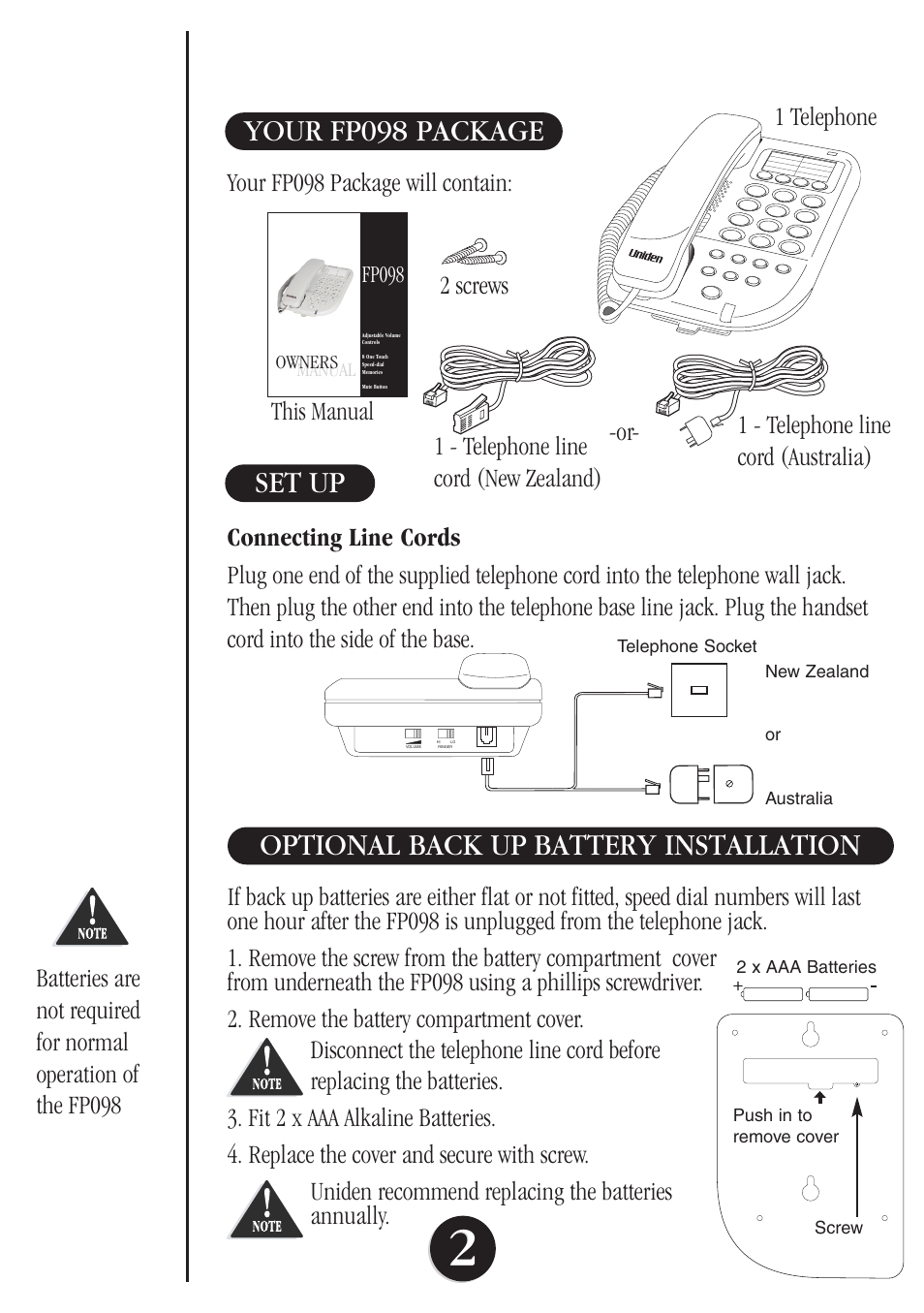 Your fp098 package, Set up, Optional back up battery installation | Your fp098 package will contain | Uniden FP098 User Manual | Page 3 / 8