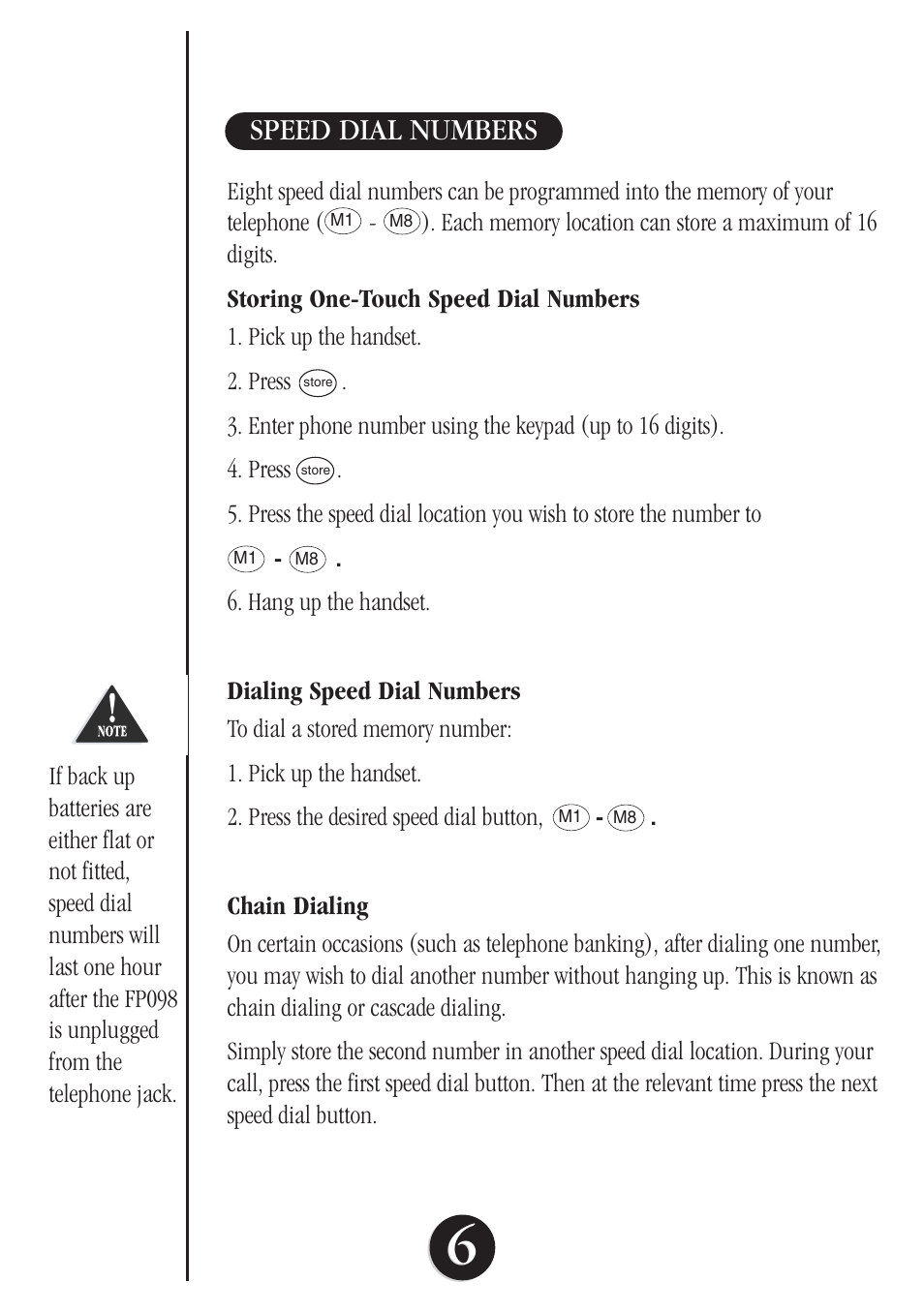 Speed dial numbers | Uniden FP098 User Manual | Page 7 / 8