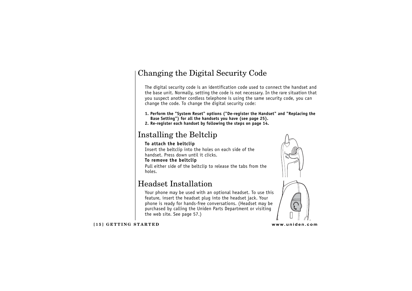 Installing the beltclip, Headset installation, Changing the digital security code | Uniden DCT 746M User Manual | Page 16 / 69