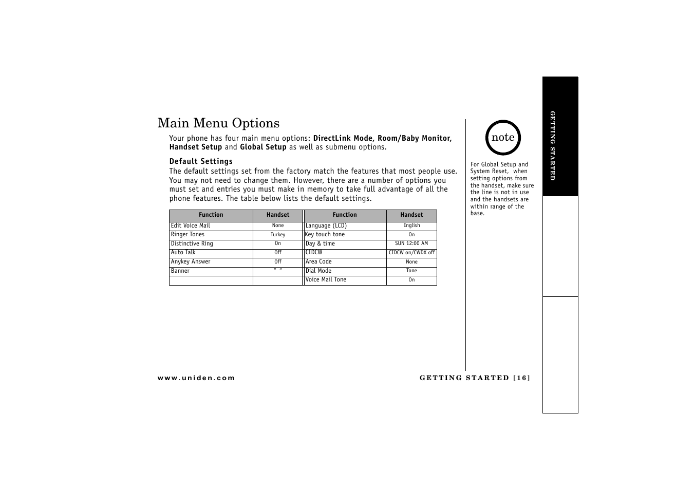Main menu options | Uniden DCT 746M User Manual | Page 17 / 69