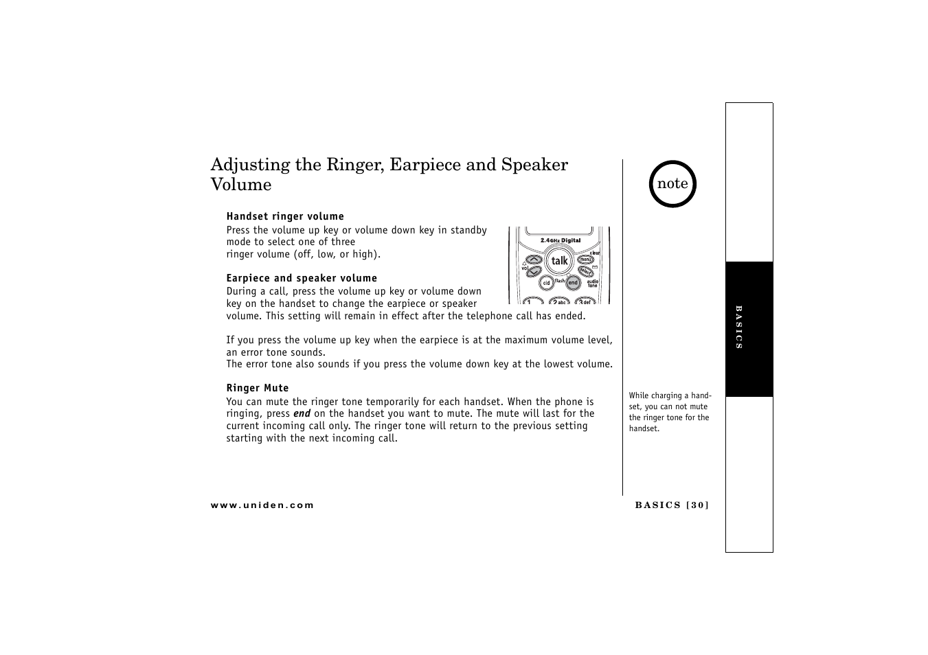 Adjusting the ringer, earpiece and speaker volume, P. 30 | Uniden DCT 746M User Manual | Page 31 / 69