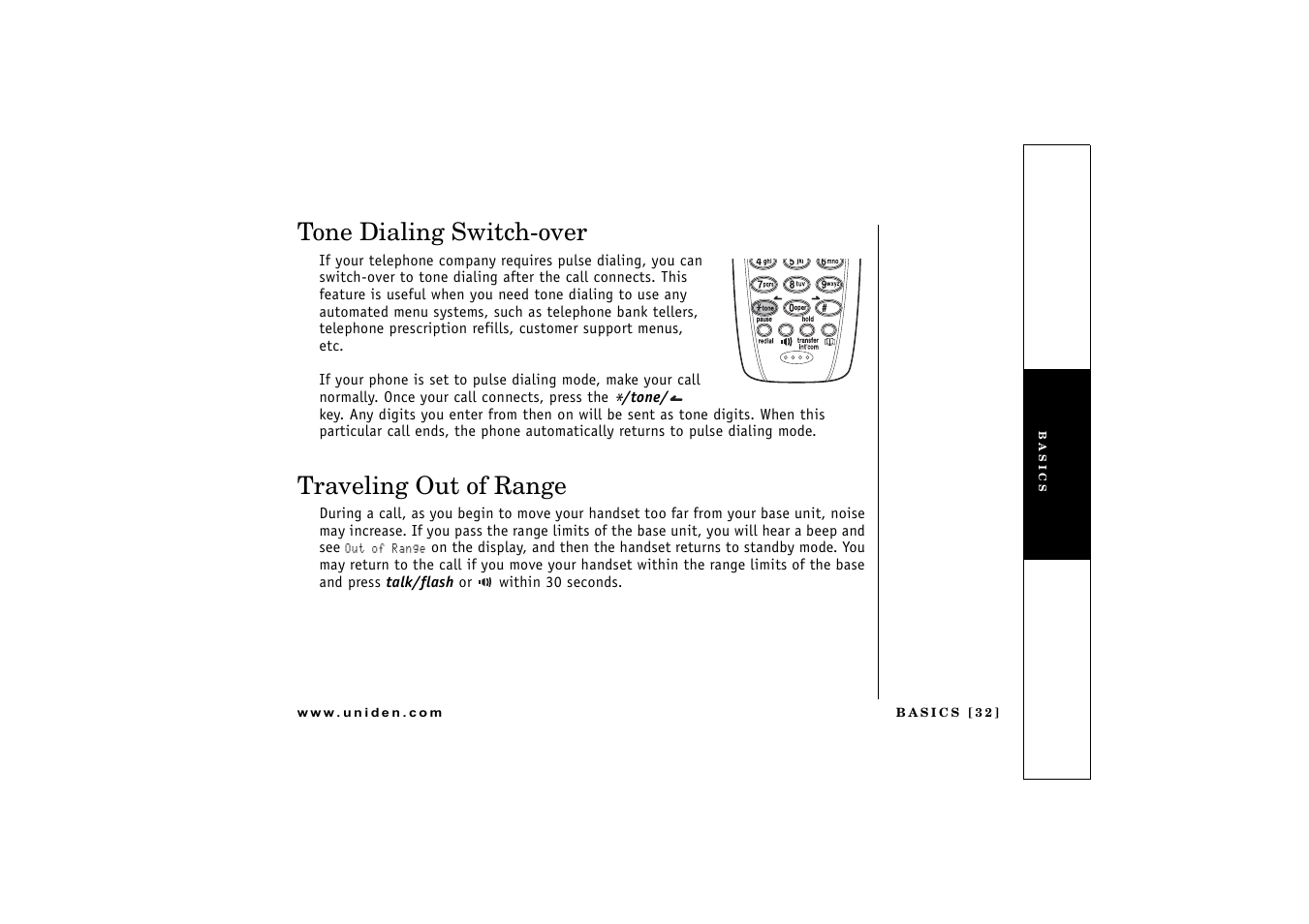 Tone dialing switch-over, Traveling out of range, P. 32 & 38) | Key (p | Uniden DCT 746M User Manual | Page 33 / 69