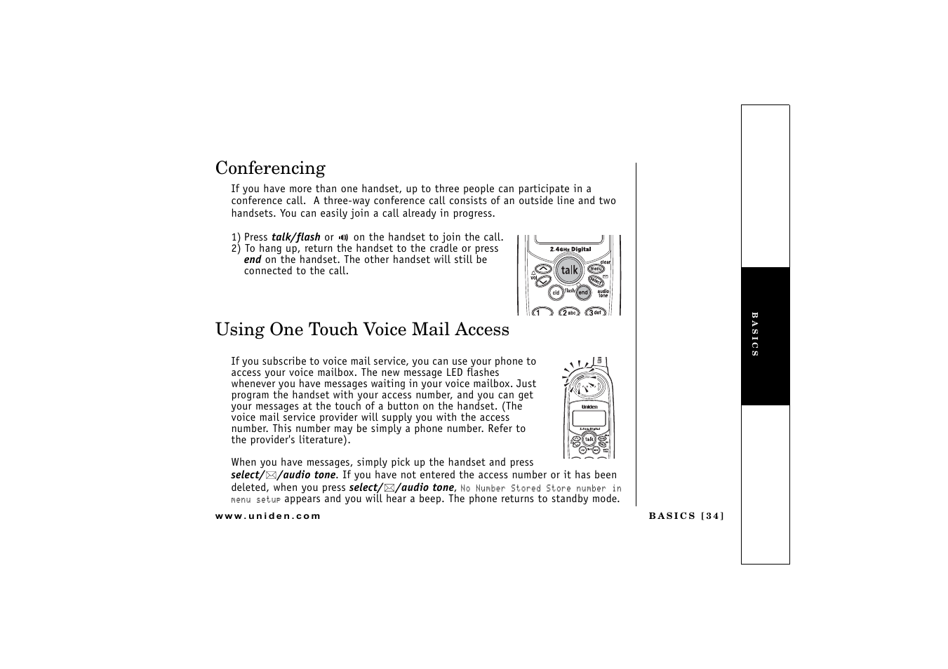 Conferencing, Using one touch voice mail access | Uniden DCT 746M User Manual | Page 35 / 69