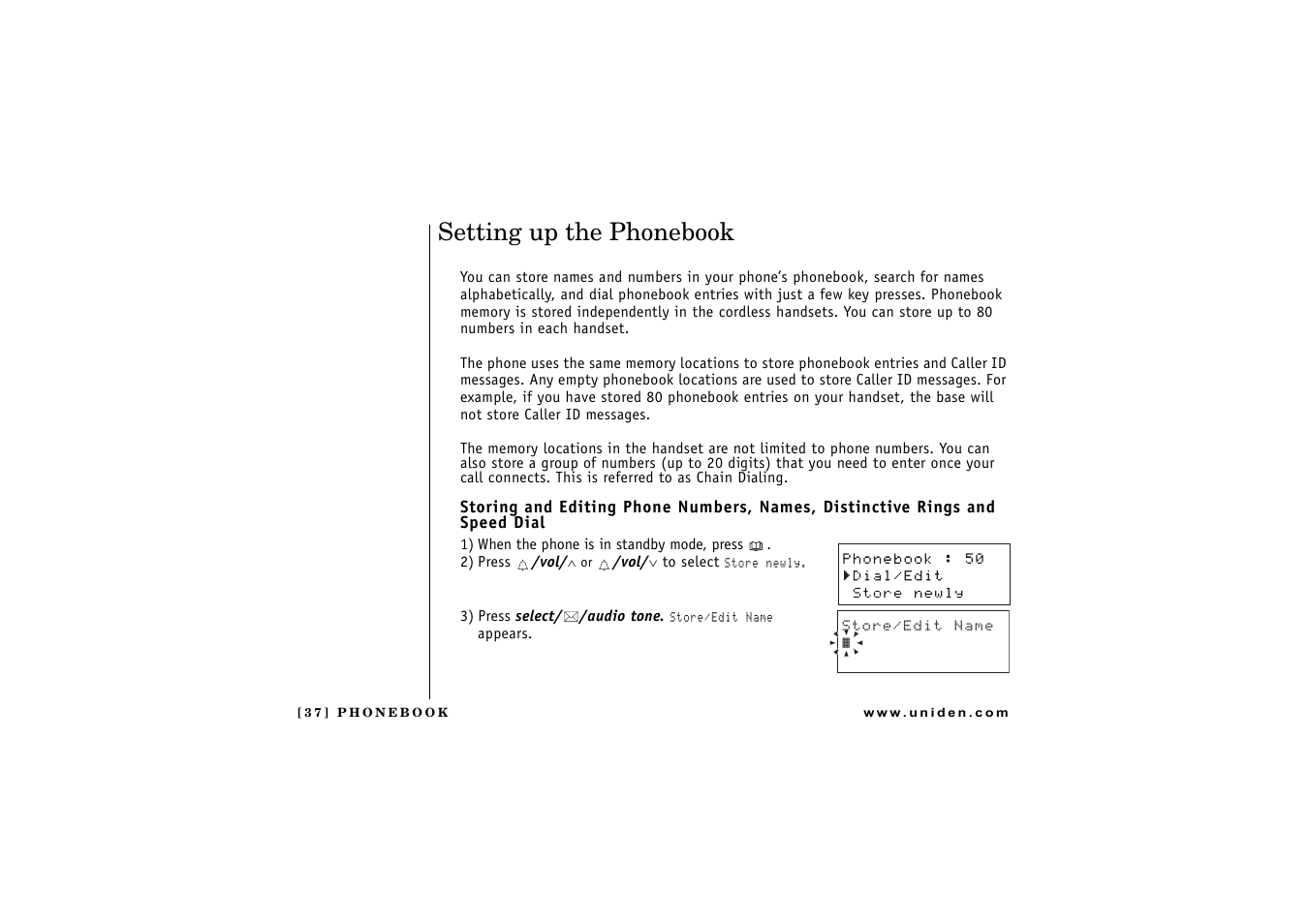 Setting up the phonebook, Book)(p. 37) | Uniden DCT 746M User Manual | Page 38 / 69