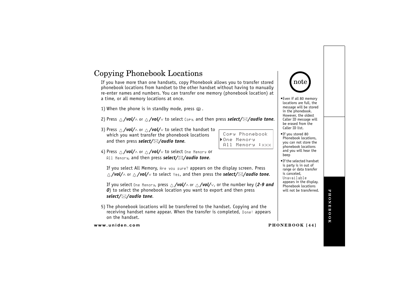 Copying phonebook locations | Uniden DCT 746M User Manual | Page 45 / 69