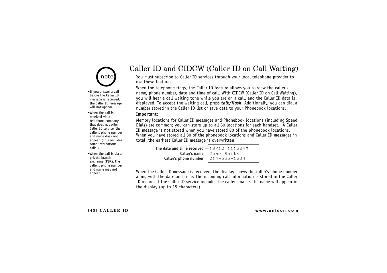 Caller id and cidcw (caller id on call waiting) | Uniden DCT 746M User Manual | Page 46 / 69