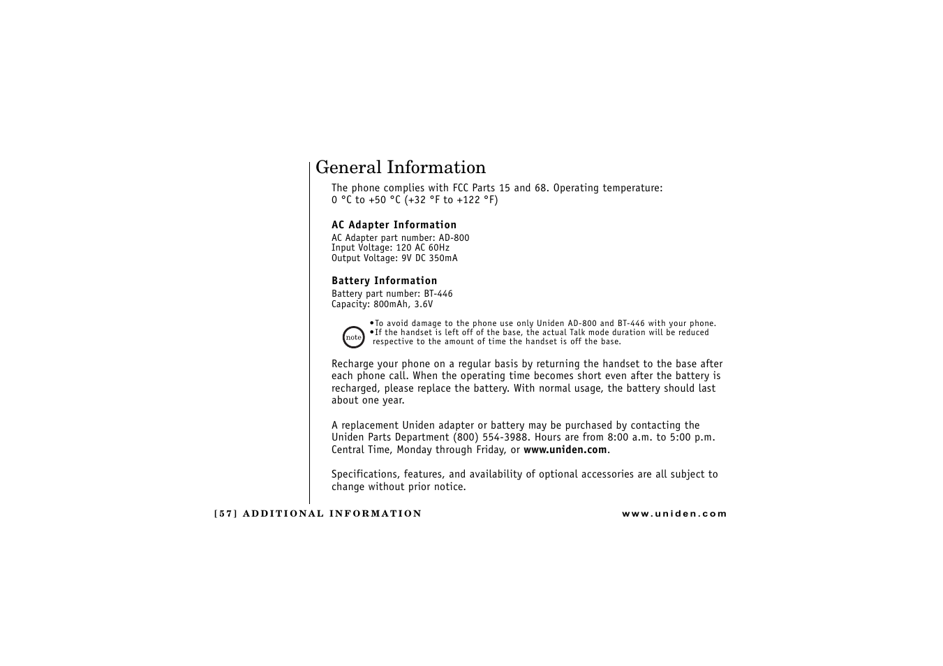 General information | Uniden DCT 746M User Manual | Page 58 / 69