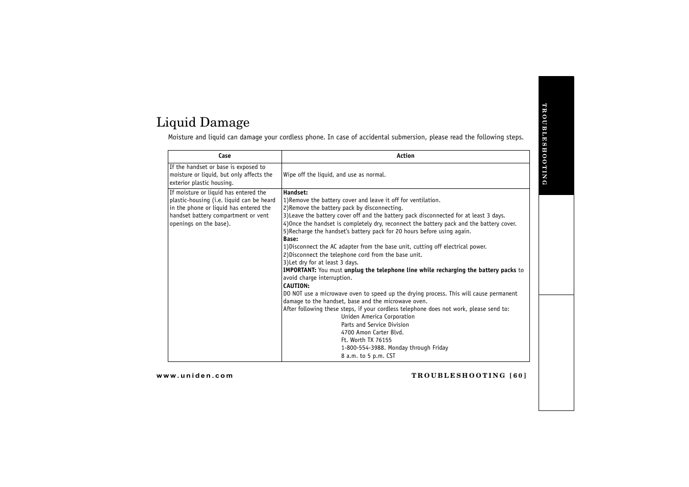 Liquid damage | Uniden DCT 746M User Manual | Page 61 / 69