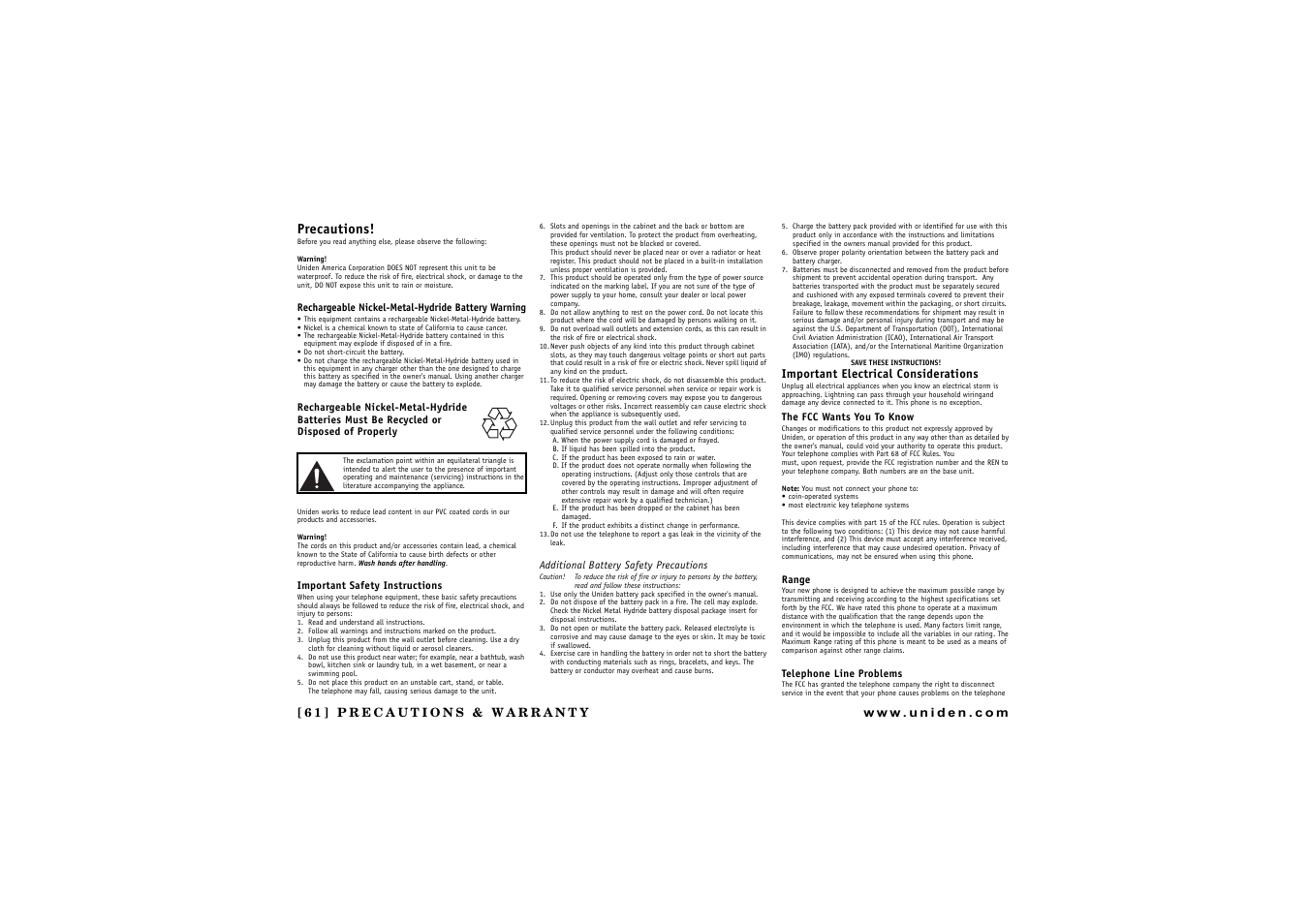 Precautions | Uniden DCT 746M User Manual | Page 62 / 69