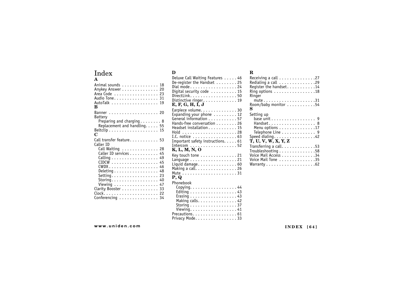 Index | Uniden DCT 746M User Manual | Page 65 / 69