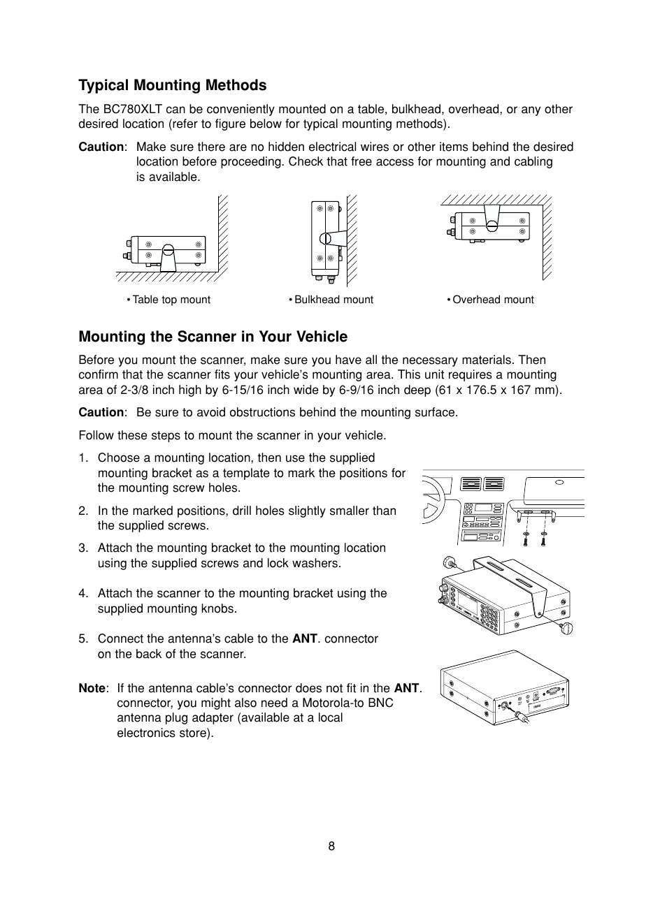 Typical mounting methods, Mounting the scanner in your vehicle | Uniden BC780XLT User Manual | Page 16 / 92