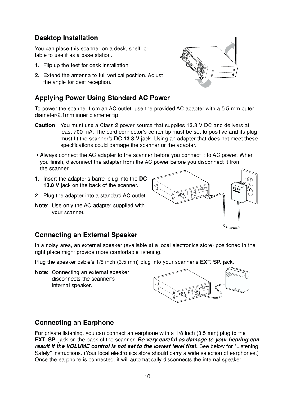 Desktop installation, Applying power using standard ac power, Connecting an external speaker | Connecting an earphone | Uniden BC780XLT User Manual | Page 18 / 92