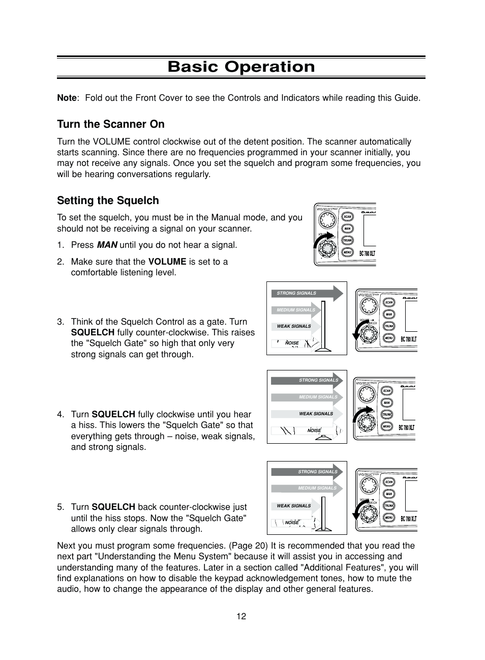 Basic operation, Turn the scanner on, Setting the squelch | Uniden BC780XLT User Manual | Page 20 / 92