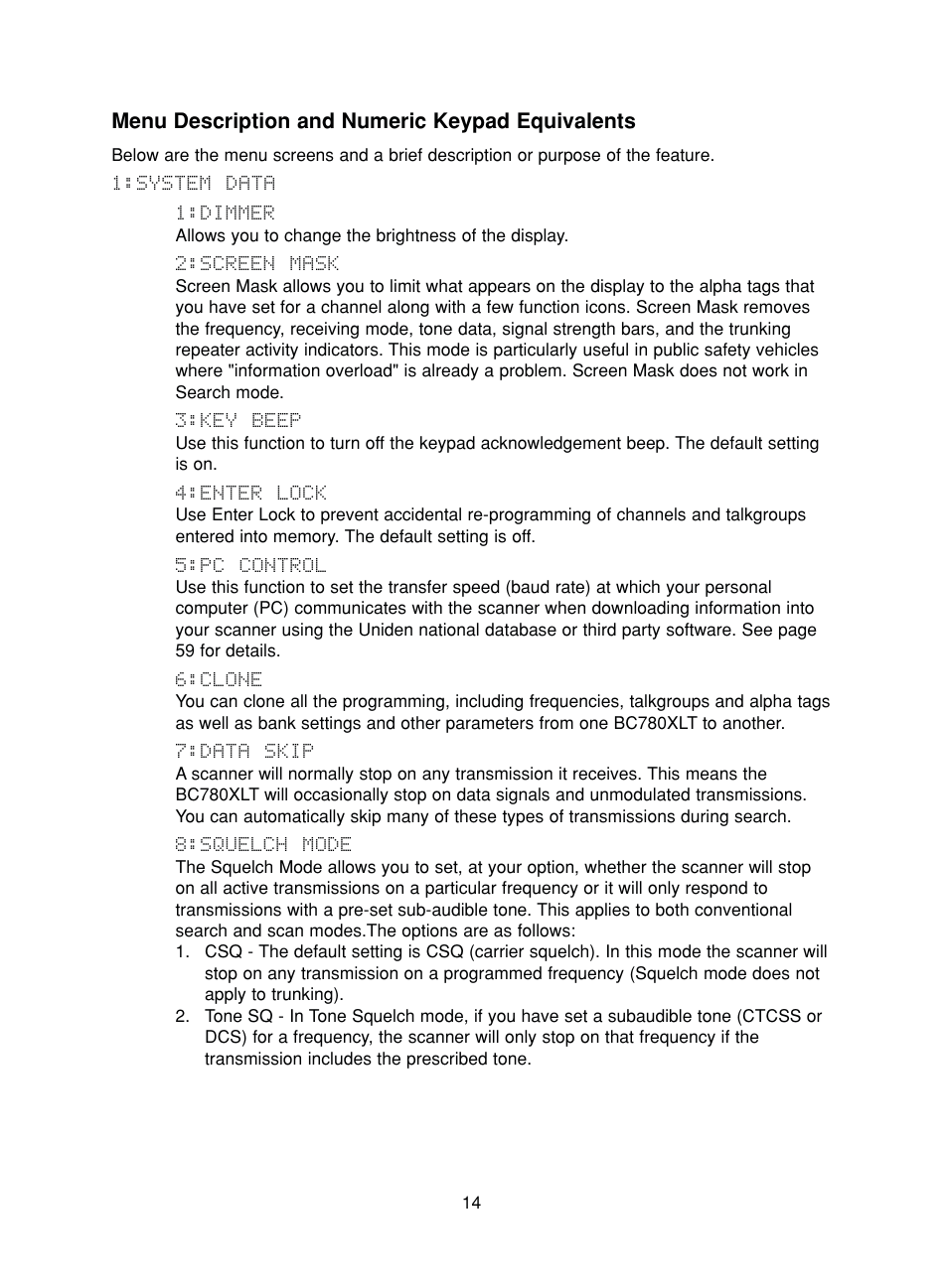 Menu description and numeric keypad equivalents | Uniden BC780XLT User Manual | Page 22 / 92