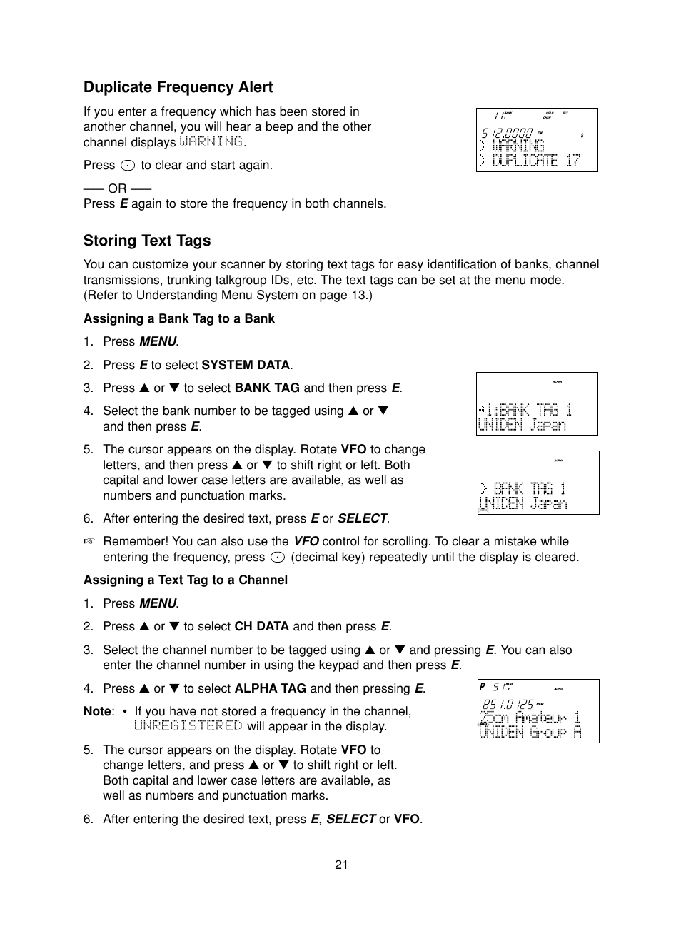Duplicate frequency alert, Storing text tags | Uniden BC780XLT User Manual | Page 29 / 92