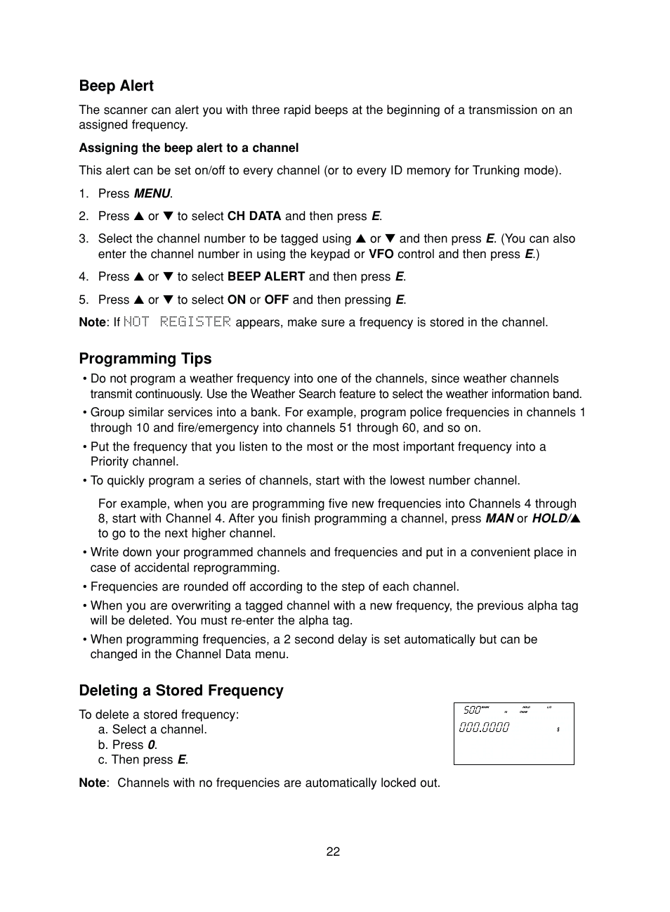 Beep alert, Programming tips, Deleting a stored frequency | Service search public safety | Uniden BC780XLT User Manual | Page 30 / 92