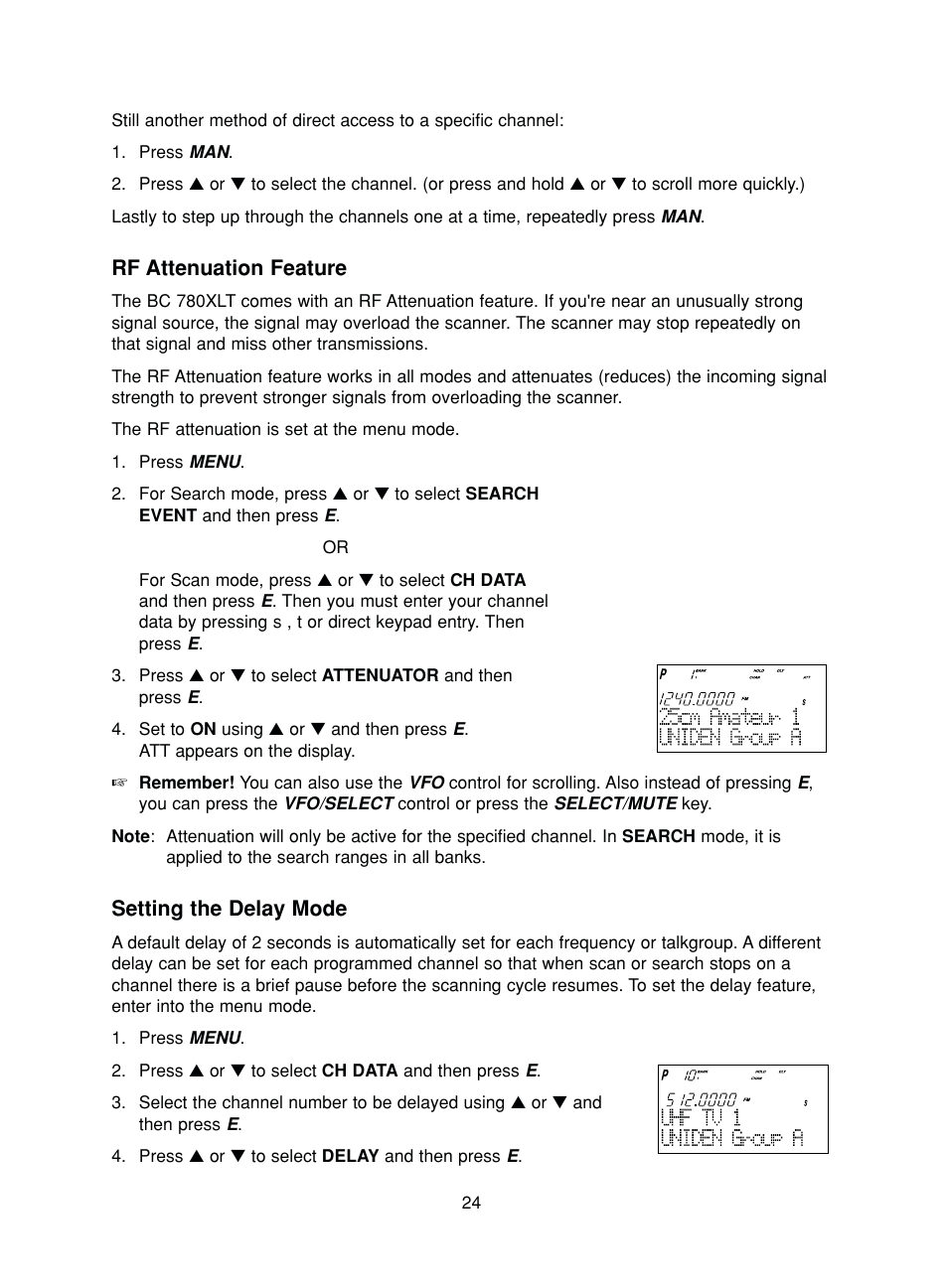 Rf attenuation feature, Setting the delay mode | Uniden BC780XLT User Manual | Page 32 / 92