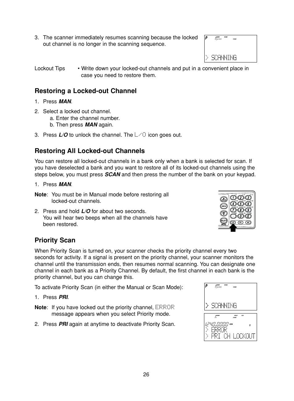 Restoring a locked-out channel, Restoring all locked-out channels, Priority scan | Uniden BC780XLT User Manual | Page 34 / 92