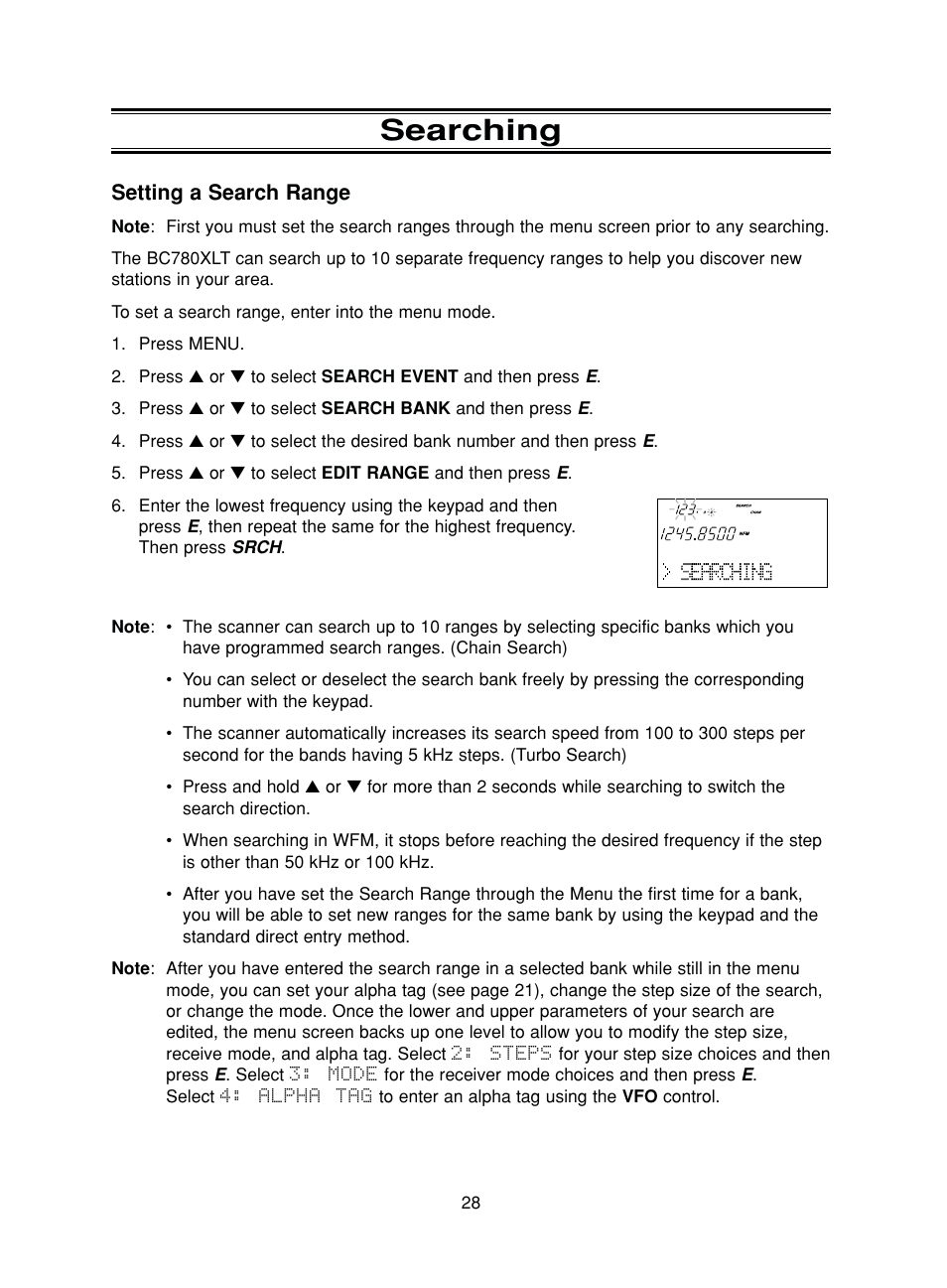 Searching, Setting a search range | Uniden BC780XLT User Manual | Page 36 / 92