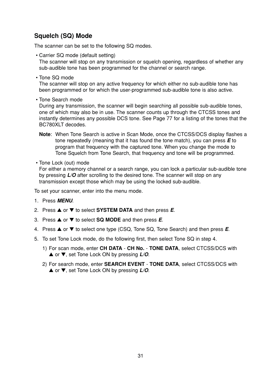 Squelch (sq) mode | Uniden BC780XLT User Manual | Page 39 / 92