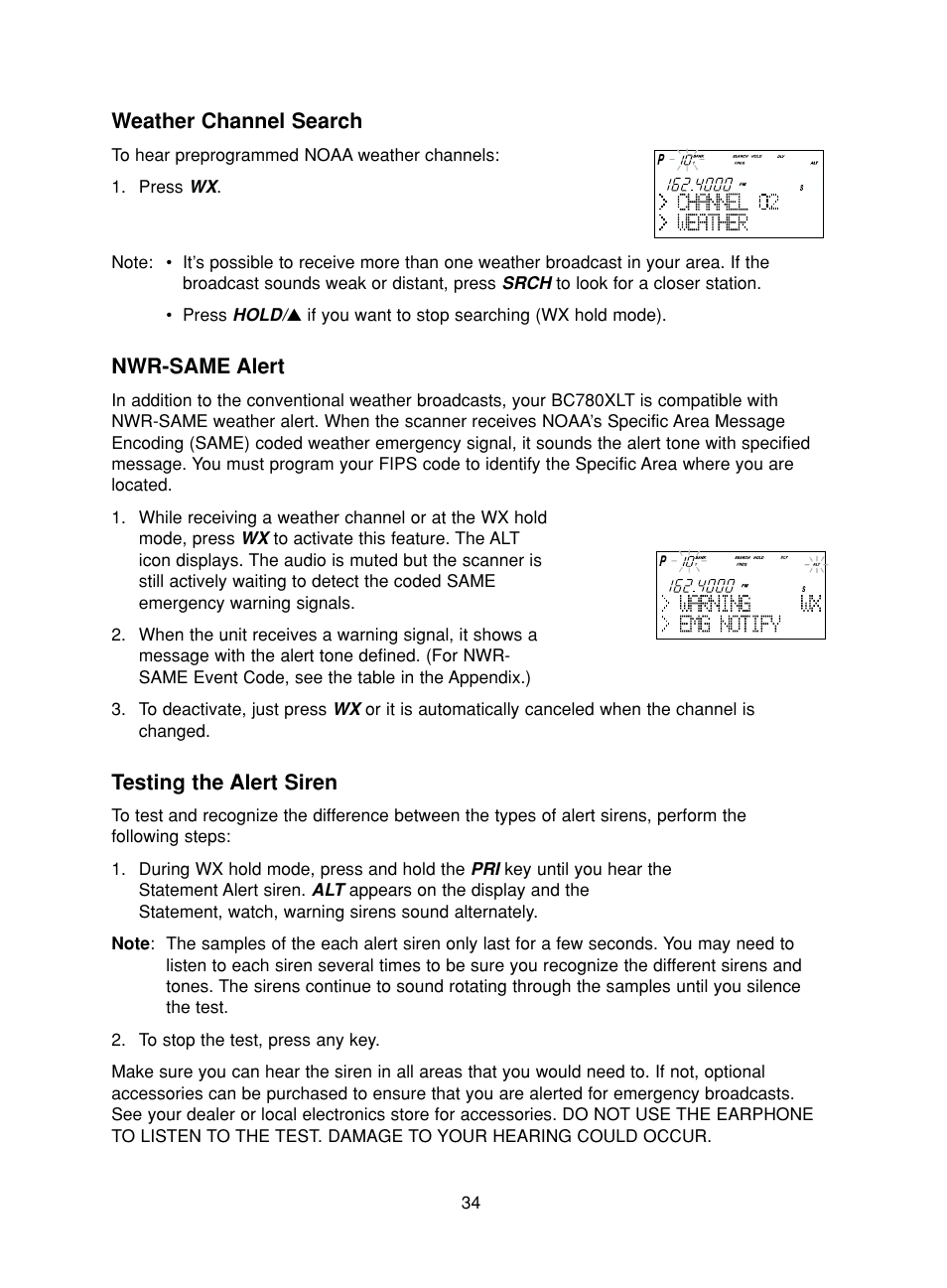 Weather channel search, Nwr-same alert, Testing the alert siren | Uniden BC780XLT User Manual | Page 42 / 92