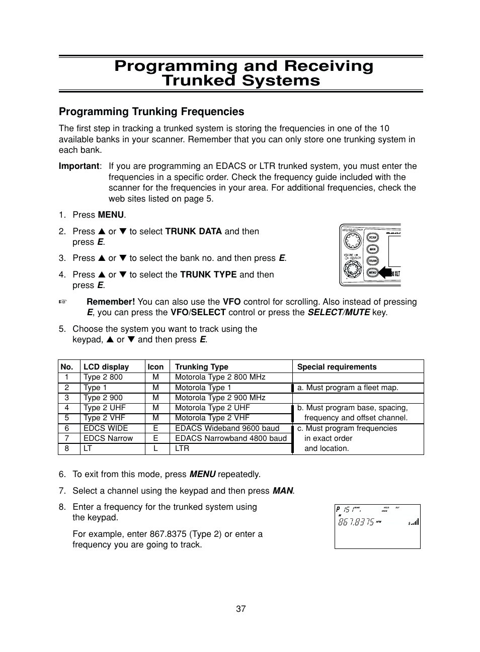 Programming and receiving trunked systems, Programming trunking frequencies | Uniden BC780XLT User Manual | Page 45 / 92