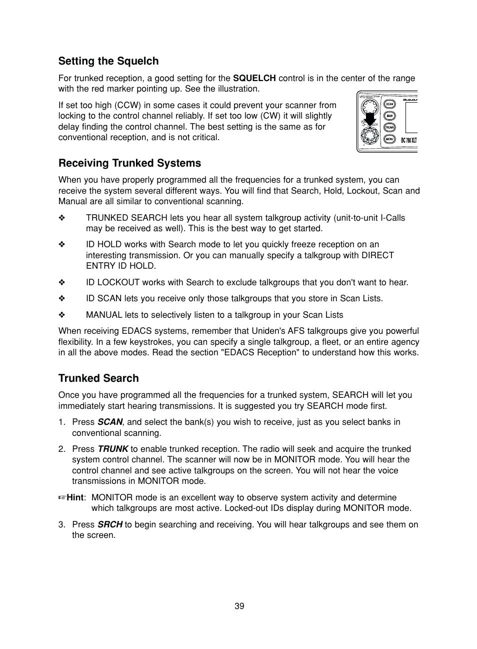 Setting the squelch, Receiving trunked systems, Trunked search | Uniden BC780XLT User Manual | Page 47 / 92