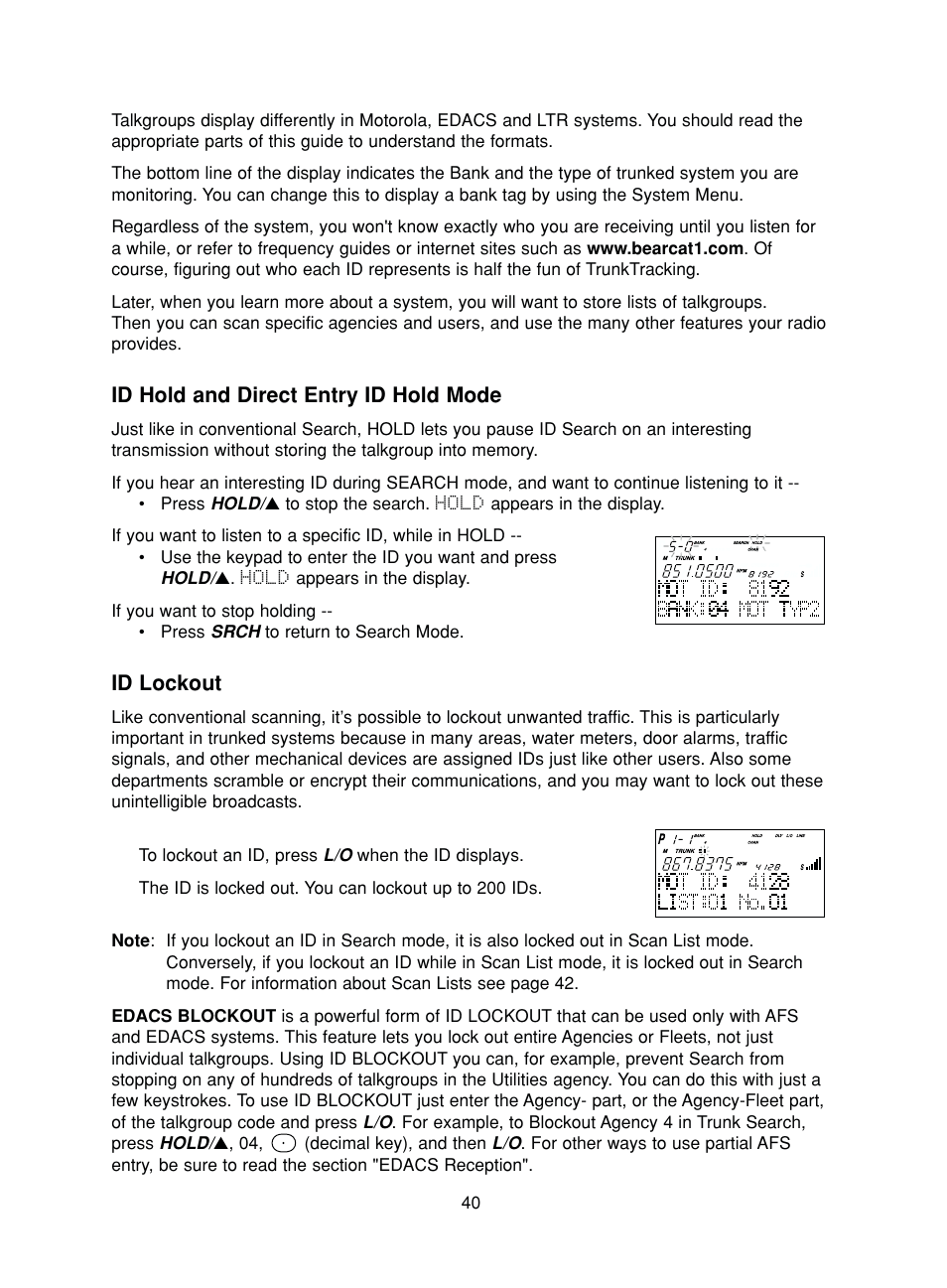 Id hold and direct entry id hold mode, Id lockout | Uniden BC780XLT User Manual | Page 48 / 92