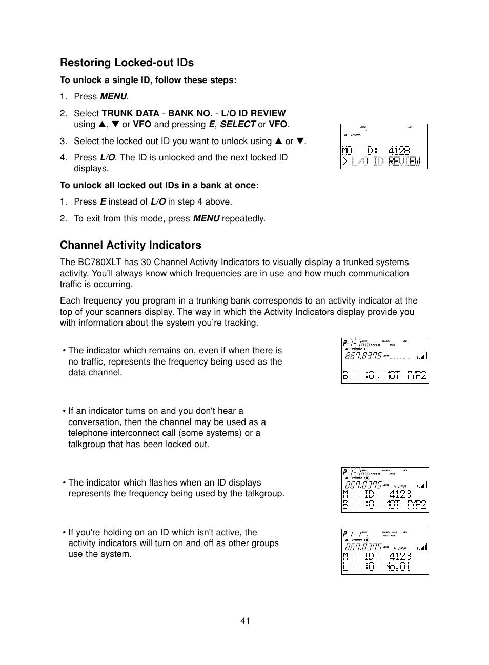 Restoring locked-out ids, Channel activity indicators | Uniden BC780XLT User Manual | Page 49 / 92