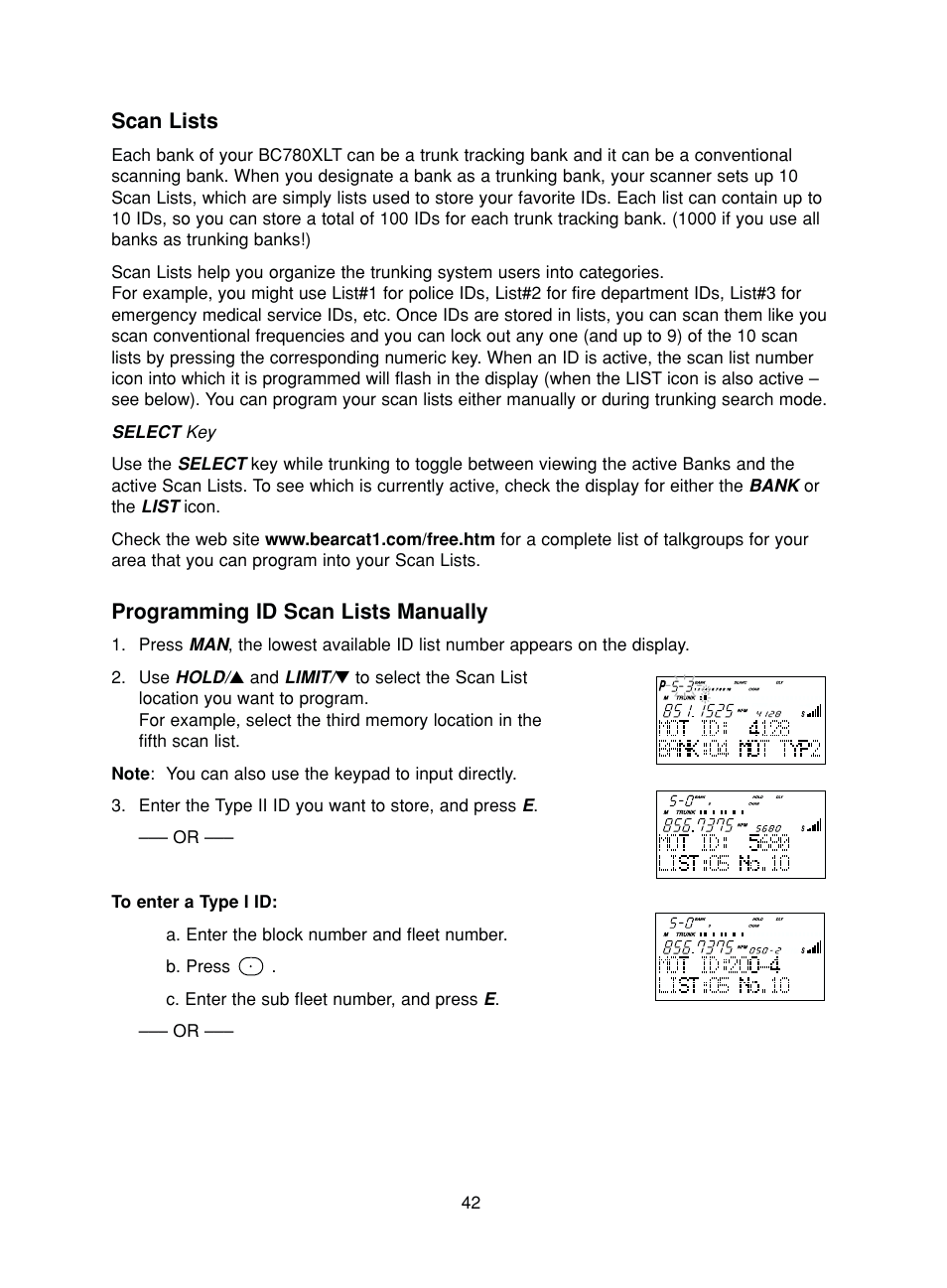 Scan lists, Programming id scan lists manually | Uniden BC780XLT User Manual | Page 50 / 92