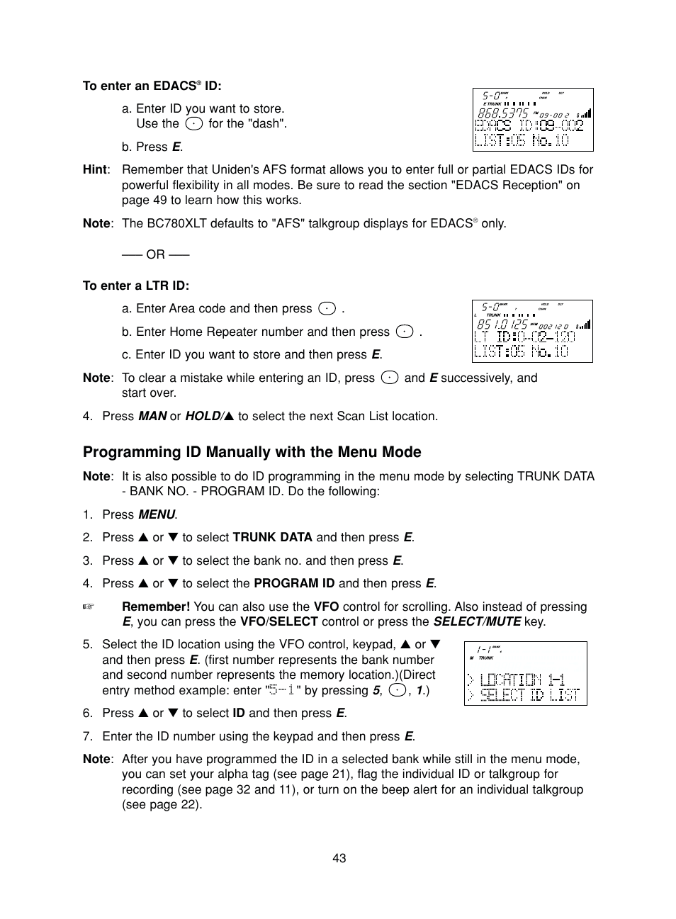 Programming id manually with the menu mode | Uniden BC780XLT User Manual | Page 51 / 92