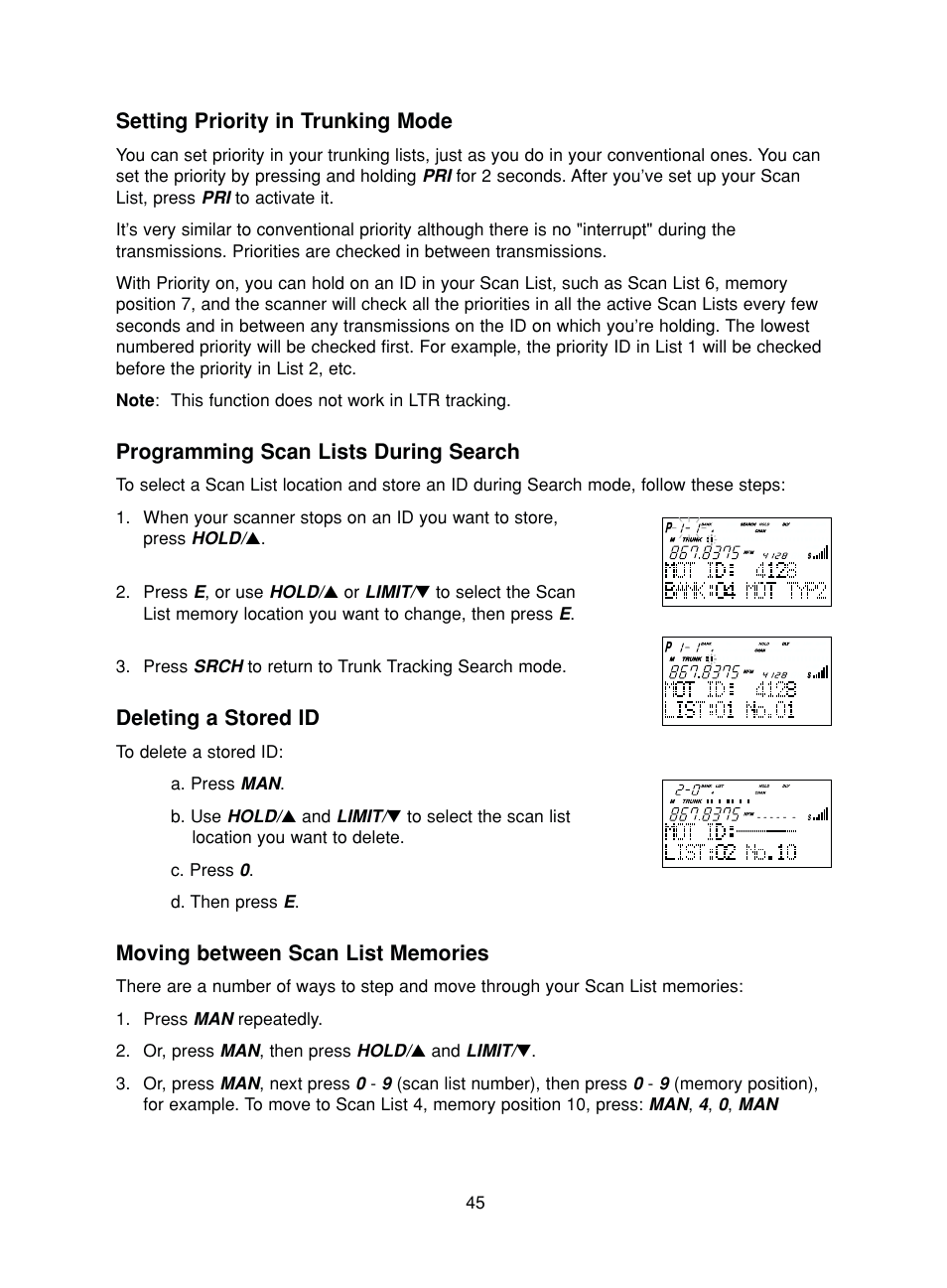 Setting priority in trunking mode, Programming scan lists during search, Deleting a stored id | Uniden BC780XLT User Manual | Page 53 / 92