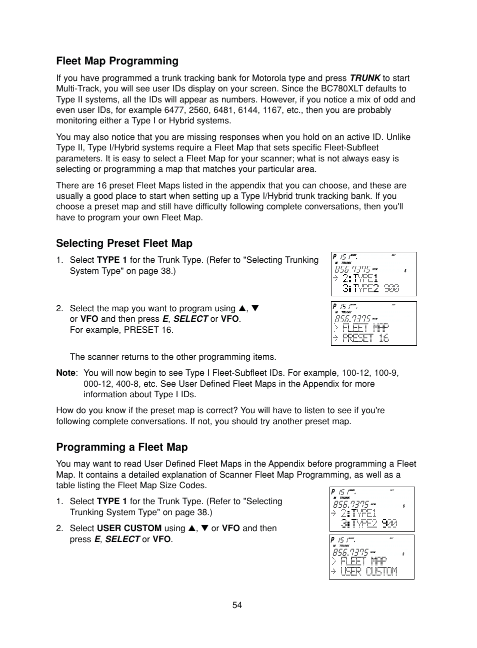 Fleet map programming, Selecting preset fleet map, Programming a fleet map | Uniden BC780XLT User Manual | Page 62 / 92