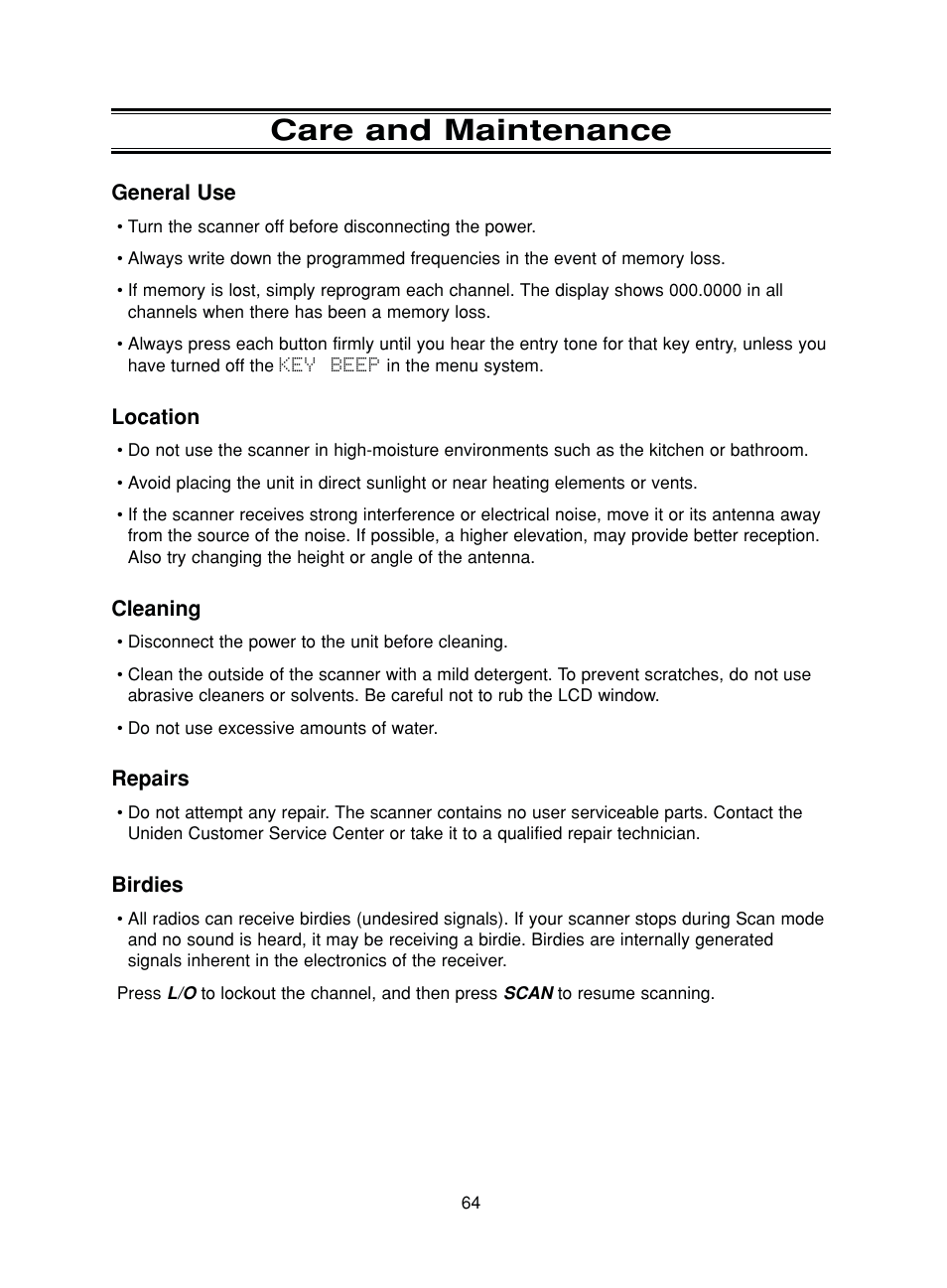 Care and maintenance | Uniden BC780XLT User Manual | Page 72 / 92