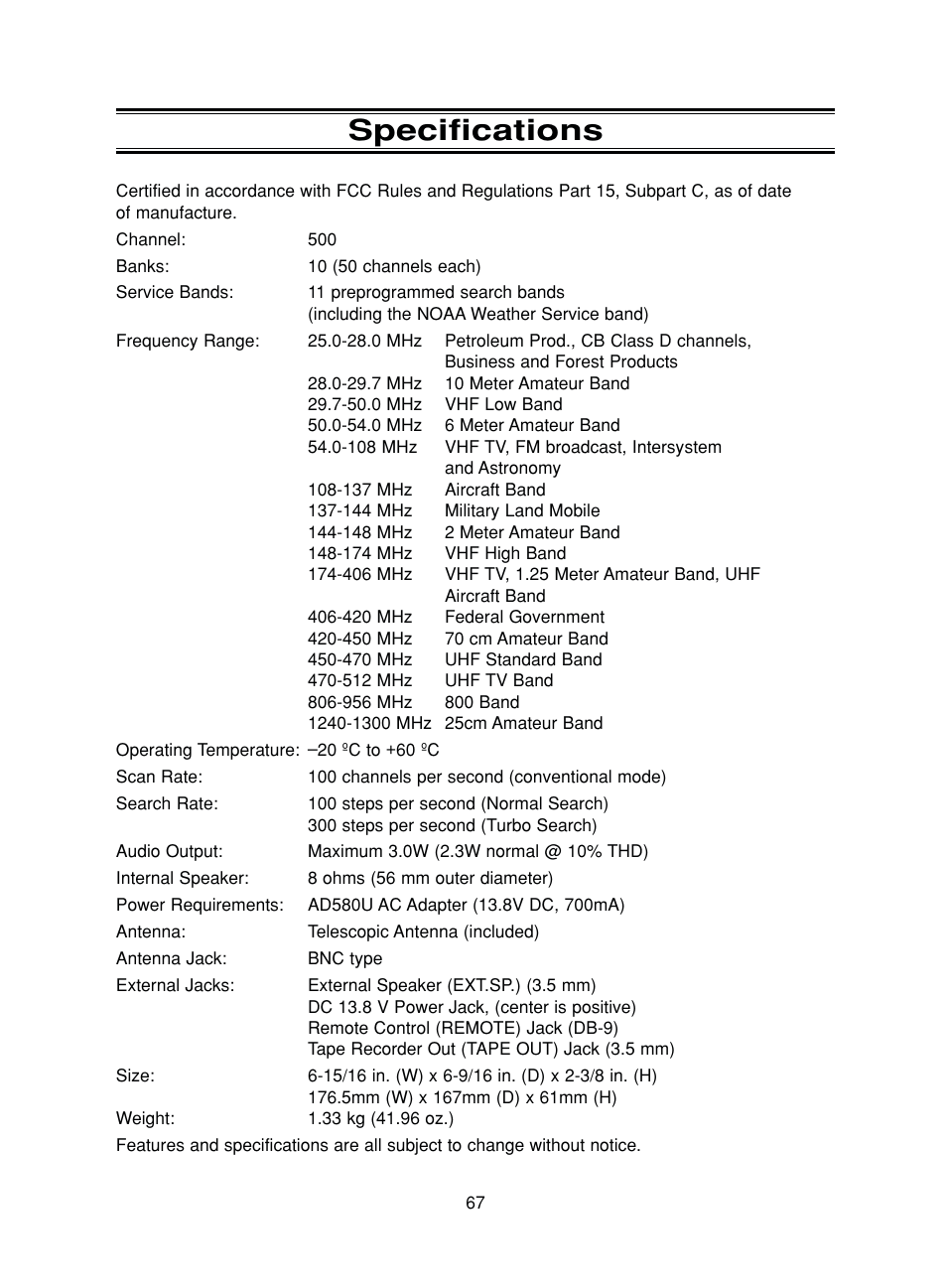 Specifications | Uniden BC780XLT User Manual | Page 75 / 92