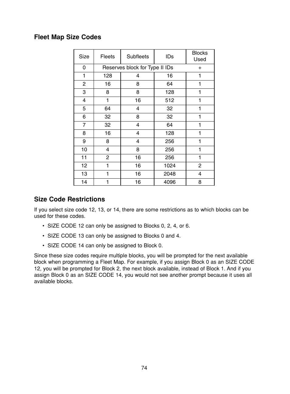 Fleet map size codes size code restrictions | Uniden BC780XLT User Manual | Page 82 / 92