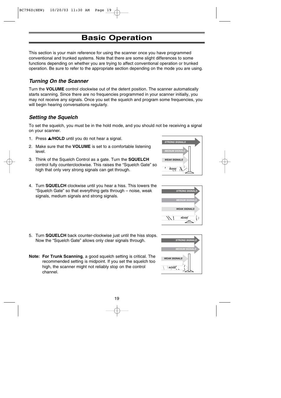 Basic operation, Turning on the scanner, Setting the squelch | Uniden BC796D APC0 25 User Manual | Page 25 / 84