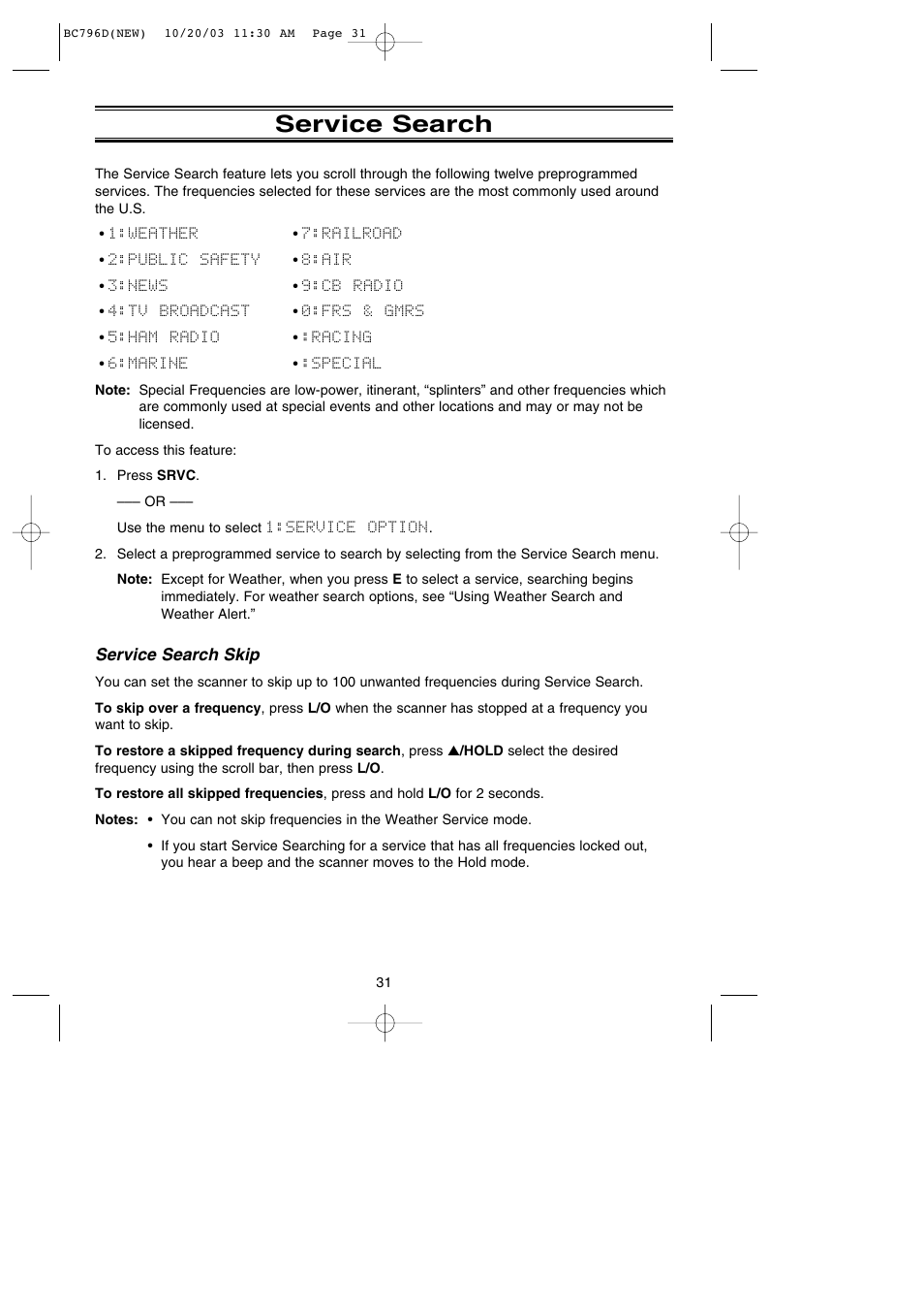 Service search | Uniden BC796D APC0 25 User Manual | Page 37 / 84