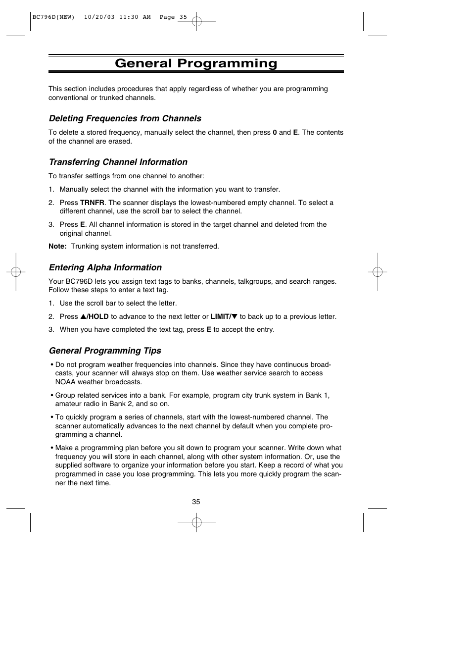 General programming | Uniden BC796D APC0 25 User Manual | Page 41 / 84