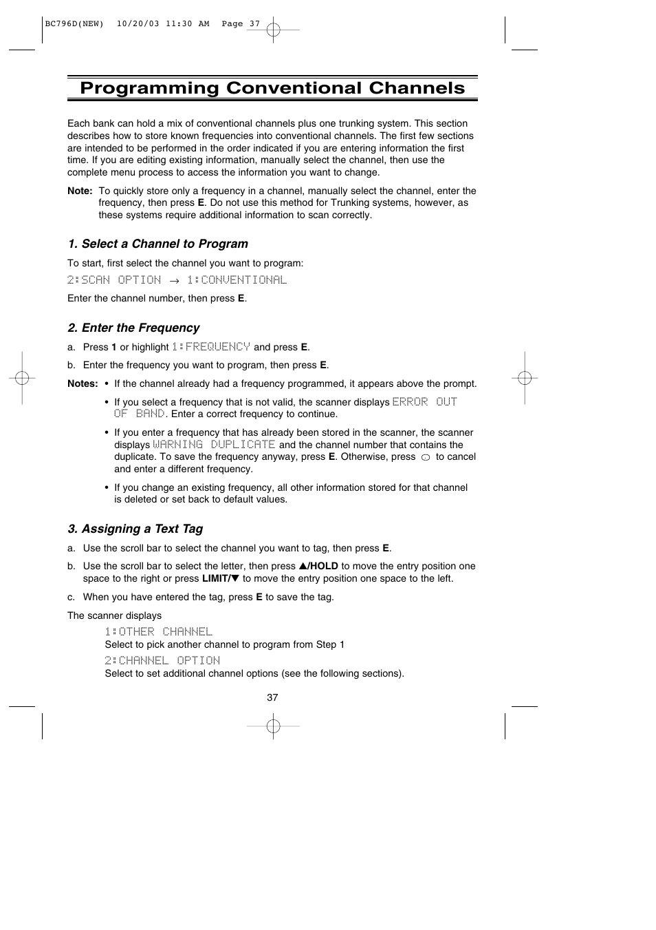 Programming conventional channels | Uniden BC796D APC0 25 User Manual | Page 43 / 84