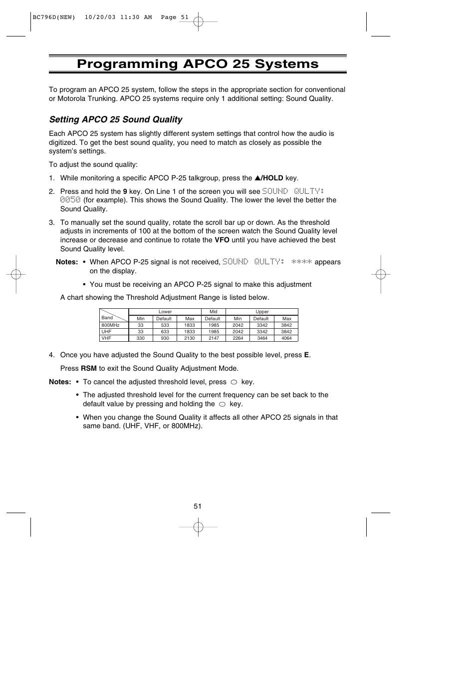 Programming apco 25 systems, Setting apco 25 sound quality | Uniden BC796D APC0 25 User Manual | Page 57 / 84