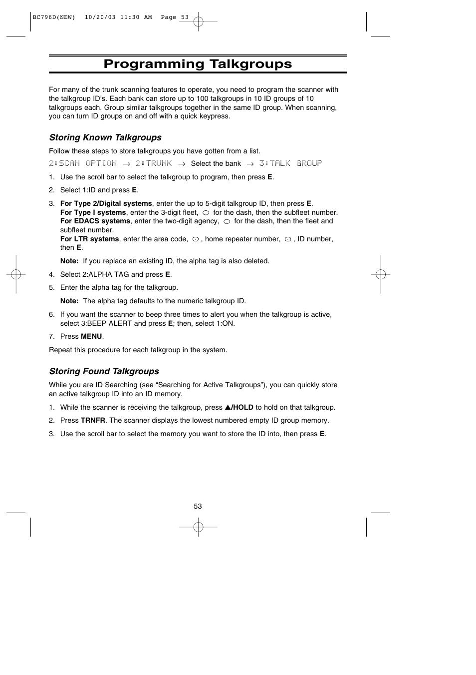 Programming talkgroups, Storing known talkgroups, Storing found talkgroups | Uniden BC796D APC0 25 User Manual | Page 59 / 84