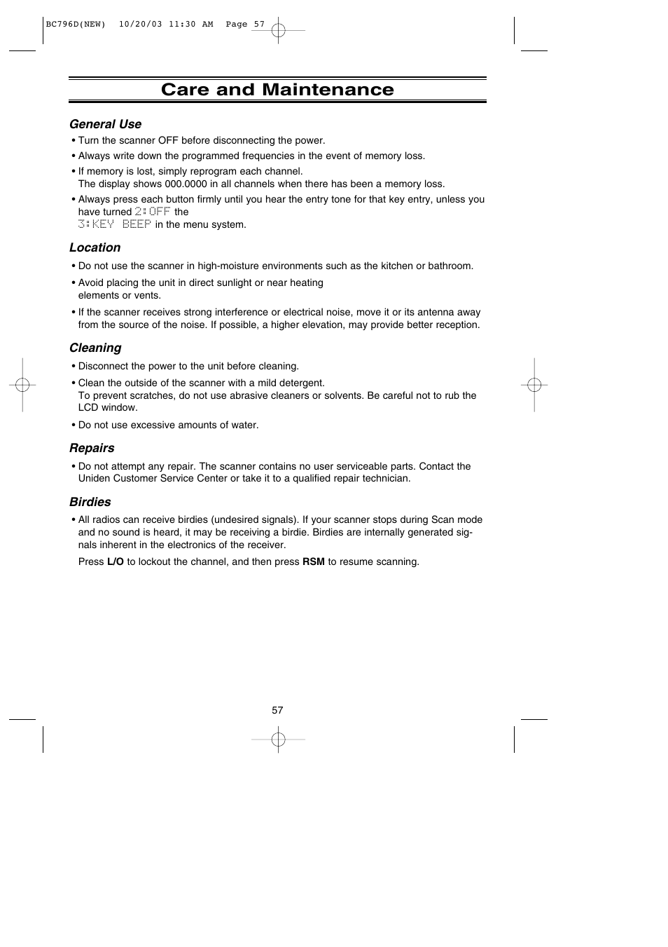 Care and maintenance | Uniden BC796D APC0 25 User Manual | Page 63 / 84