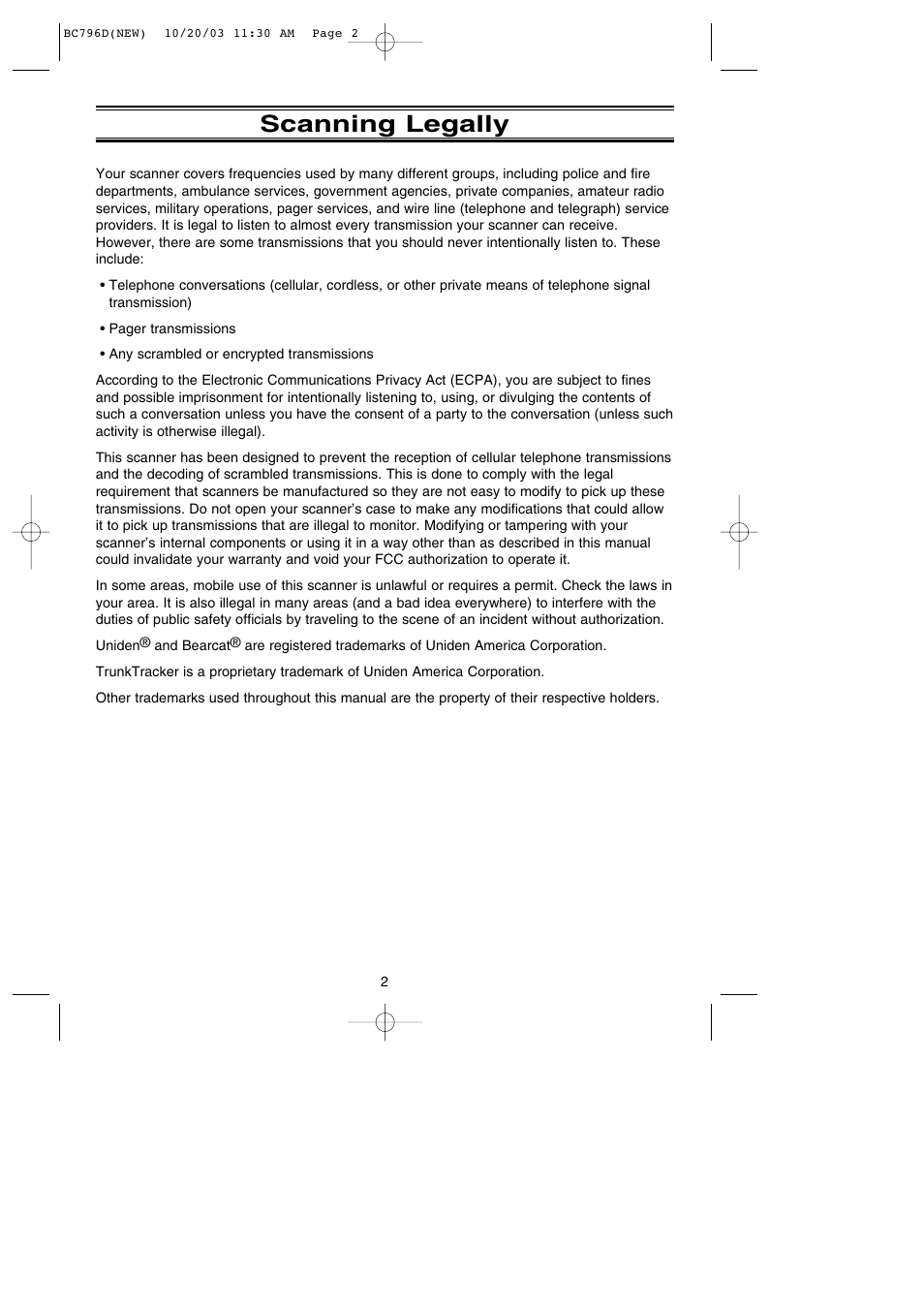 Scanning legally | Uniden BC796D APC0 25 User Manual | Page 8 / 84