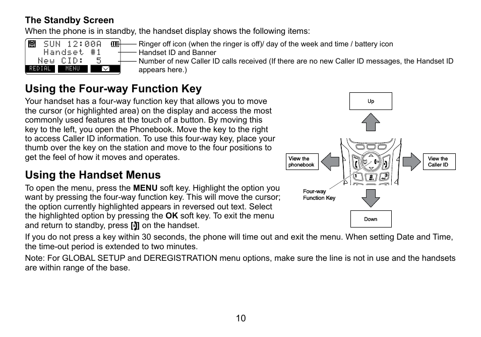 Using.the.four-way.function.key, Using.the.handset.menus, 0 the.standby.screen | Uniden TWX977 User Manual | Page 11 / 68