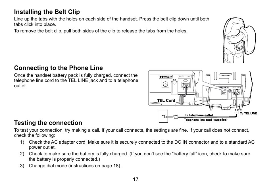 Installing.the.belt.clip, Connecting.to.the.phone.line, Testing.the.connection | Uniden TWX977 User Manual | Page 18 / 68