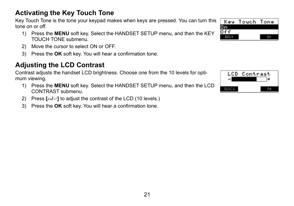 Activating.the.key.touch.tone, Adjusting.the.lcd.contrast | Uniden TWX977 User Manual | Page 22 / 68