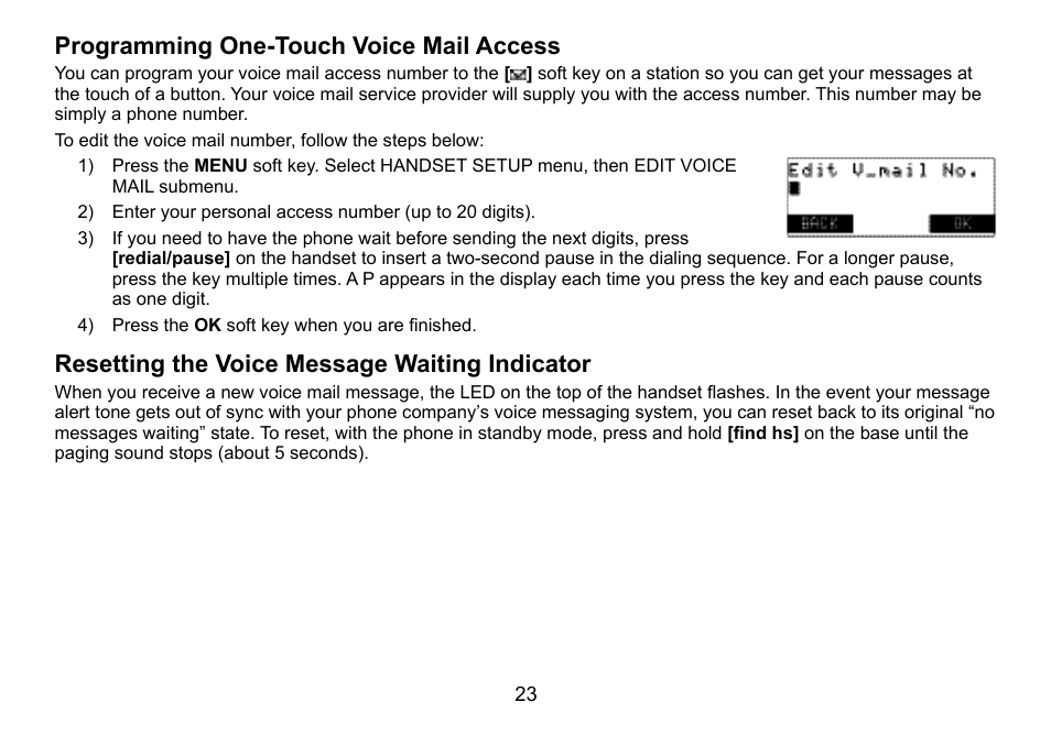 Programming.one-touch.voice.mail.access, Resetting.the.voice.message.waiting.indicator | Uniden TWX977 User Manual | Page 24 / 68