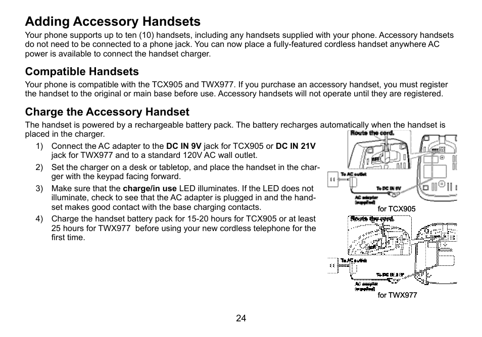 Adding.accessory.handsets, Compatible.handsets, Charge.the.accessory.handset | Uniden TWX977 User Manual | Page 25 / 68