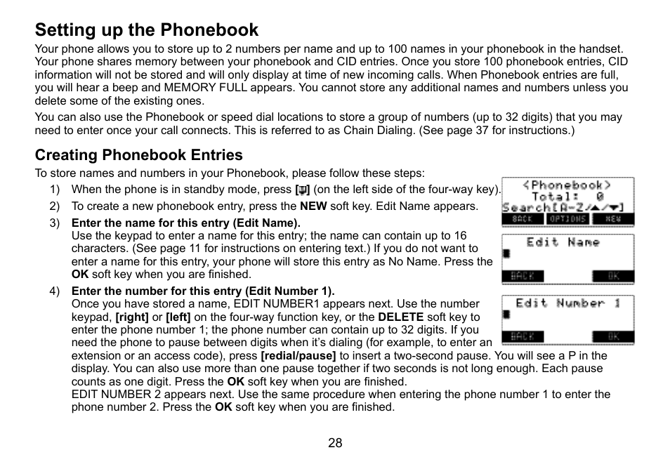 Setting.up.the.phonebook, Creating.phonebook.entries | Uniden TWX977 User Manual | Page 29 / 68